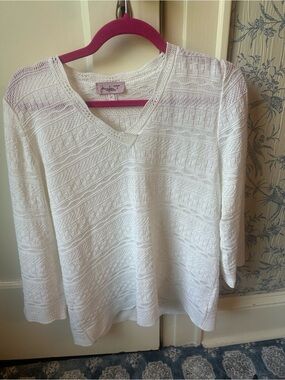 Jennifer T Couture Knit XL white vneck cotton sweater 3/4 sleeve quality